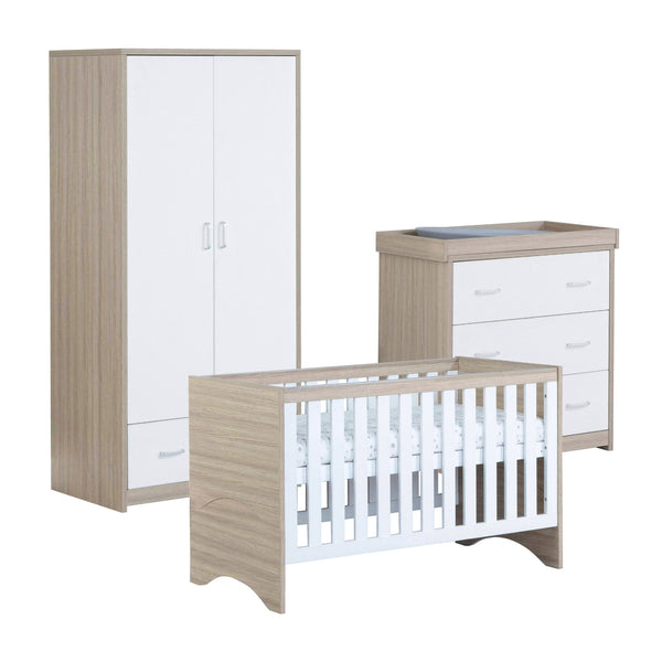 Babymore Veni 3 Piece Nursery Set | Oak Cot Bed with Optional Drawer, Chest Changer & Wardrobe babymore
