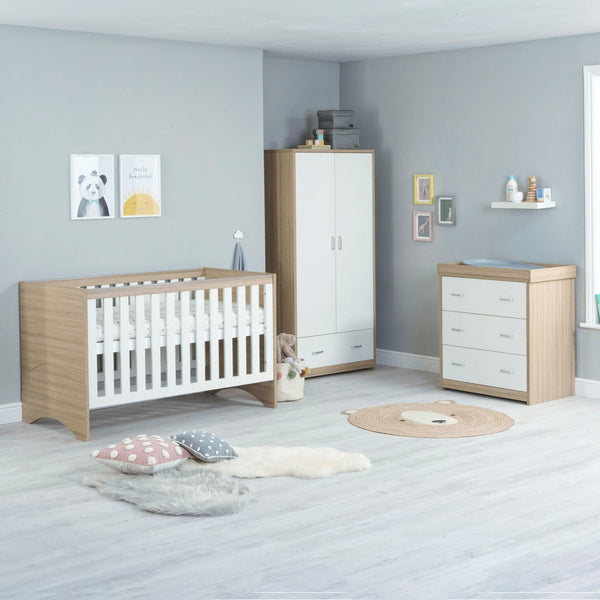 Babymore Veni 3 Piece Nursery Set | Oak Cot Bed with Optional Drawer, Chest Changer & Wardrobe babymore Oak-White Without Drawer