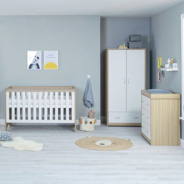 Babymore Veni 3 Piece Nursery Set | Oak Cot Bed with Optional Drawer, Chest Changer & Wardrobe babymore