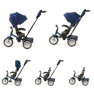 Bentley 6-in-1 Trike in Sequin Blue shown in all six transformation stages, from parent-controlled stroller to independent tricycle for toddlers aged 12 months+.