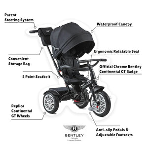 Close-up of Bentley 6-in-1 Trike in Onyx Black with labelled features including waterproof canopy, ergonomic rotatable seat, Continental GT wheels, and 5-point harness.