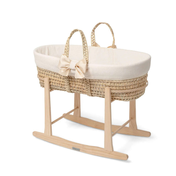 Clair de Lune 80th Anniversary Chelsea Palm Moses Basket – Limited Edition | Ages 0-9M clair de lune Cream With Natural Rocking Stand