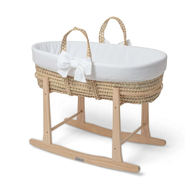 Clair de Lune 80th Anniversary Chelsea Palm Moses Basket – Limited Edition | Ages 0-9M clair de lune White With Natural Rocking Stand