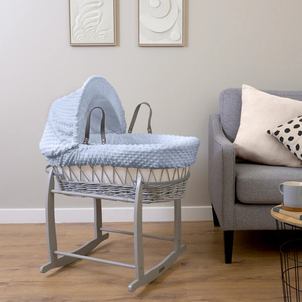 Clair de Lune Dimple Grey Wicker Moses Basket – Soft & Breathable | Ages 0-9M clair de lune Light Blue With Deluxe Rocking Stand