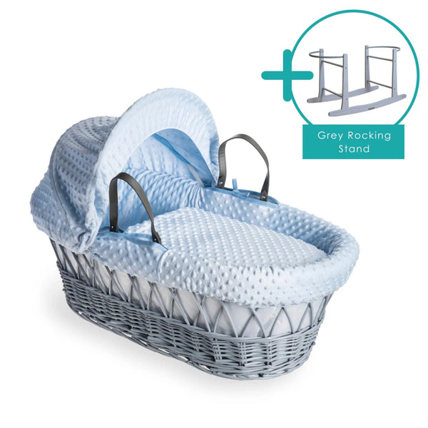 Clair de Lune Dimple Grey Wicker Moses Basket – Soft & Breathable | Ages 0-9M clair de lune Light Blue With Rocking Stand
