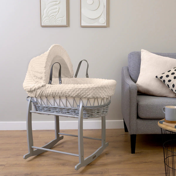 Clair de Lune Dimple Grey Wicker Moses Basket – Soft & Breathable | Ages 0-9M clair de lune Cream With Deluxe Rocking Stand