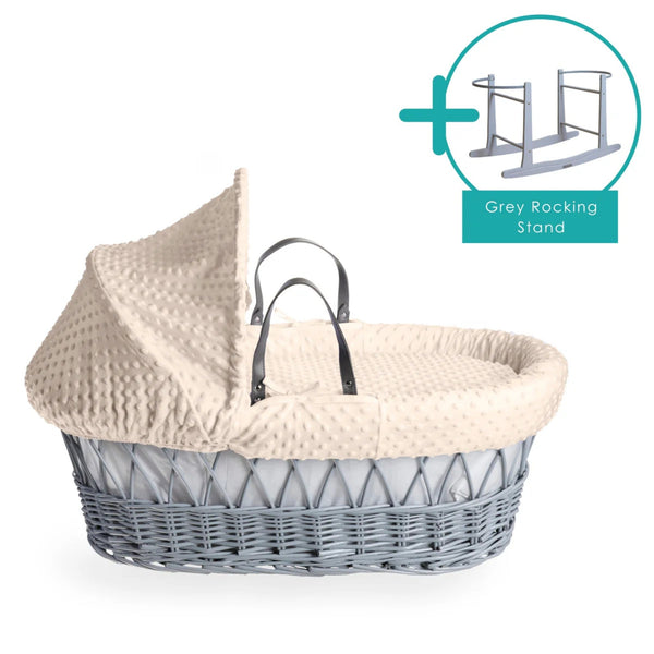 Clair de Lune Dimple Grey Wicker Moses Basket – Soft & Breathable | Ages 0-9M clair de lune Cream With Rocking Stand