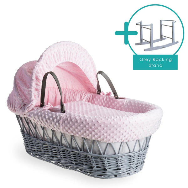 Clair de Lune Dimple Grey Wicker Moses Basket – Soft & Breathable | Ages 0-9M clair de lune Pink With Rocking Stand