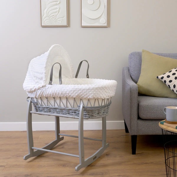 Clair de Lune Dimple Grey Wicker Moses Basket – Soft & Breathable | Ages 0-9M clair de lune White With Deluxe Rocking Stand