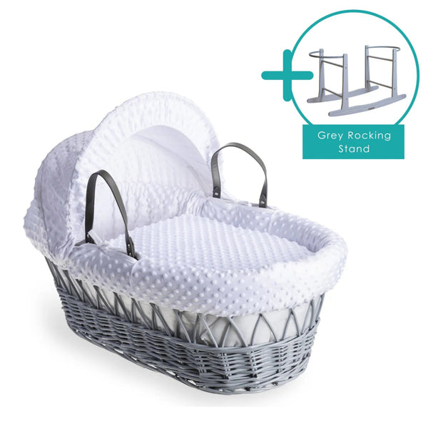 Clair de Lune Dimple Grey Wicker Moses Basket – Soft & Breathable | Ages 0-9M clair de lune White With Rocking Stand