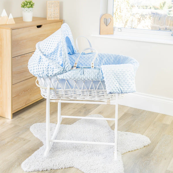 Clair de Lune Dimple White Wicker Moses Basket – Soft & Breathable | Ages 0-9M clair de lune Light Blue With Deluxe Rocking Stand