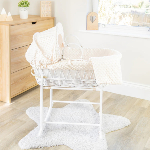 Clair de Lune Dimple White Wicker Moses Basket – Soft & Breathable | Ages 0-9M clair de lune Cream With Deluxe Rocking Stand