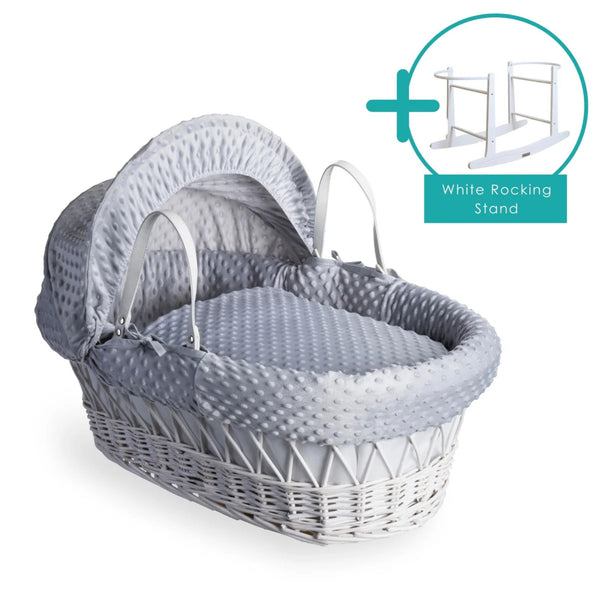 Clair de Lune Dimple White Wicker Moses Basket – Soft & Breathable | Ages 0-9M clair de lune Grey With Rocking Stand