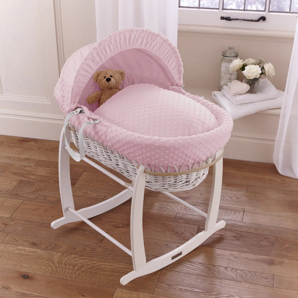 Clair de Lune Dimple White Wicker Moses Basket – Soft & Breathable | Ages 0-9M clair de lune Pink With Deluxe Rocking Stand