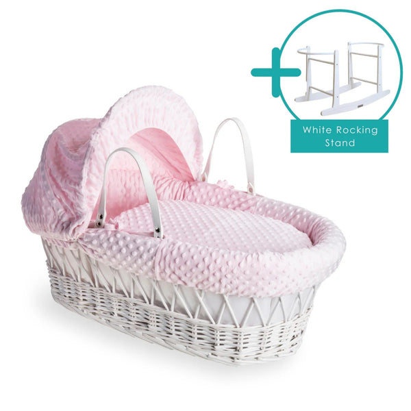 Clair de Lune Dimple White Wicker Moses Basket – Soft & Breathable | Ages 0-9M clair de lune Pink With Rocking Stand