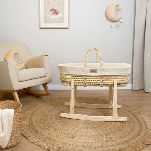 Clair de Lune Organic Knitted Palm Moses Basket – Sustainable & Breathable | Ages 0-9M clair de lune Cream With Rocking Stand
