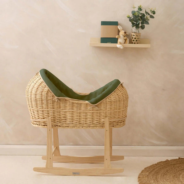 Clair de Lune Organic Natural Noah Pod® – Sustainable & Breathable Baby Basket | Ages 0-9M clair de lune Forest Green With Natural Rocking Stand