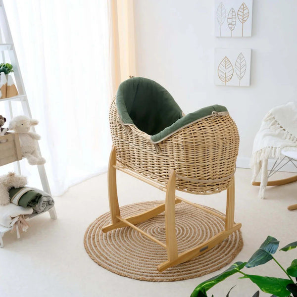 Clair de Lune Organic Natural Noah Pod® – Sustainable & Breathable Baby Basket | Ages 0-9M clair de lune Forest Green With Deluxe Rocking Stand