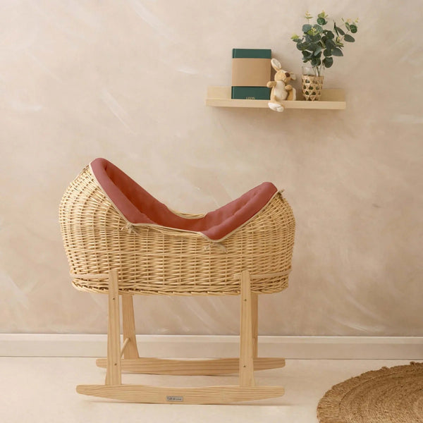 Clair de Lune Organic Natural Noah Pod® – Sustainable & Breathable Baby Basket | Ages 0-9M clair de lune Rust Orange With Natural Rocking Stand