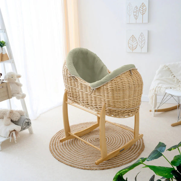 Clair de Lune Organic Natural Noah Pod® – Sustainable & Breathable Baby Basket | Ages 0-9M clair de lune Sage With Deluxe Rocking Stand