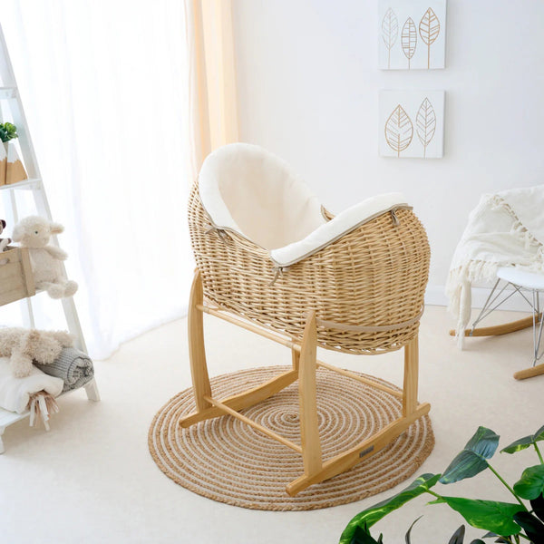 Clair de Lune Organic Natural Noah Pod® – Sustainable & Breathable Baby Basket | Ages 0-9M clair de lune White With Deluxe Rocking Stand