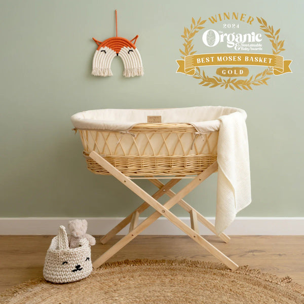 Clair de Lune Organic Natural Wicker Moses Basket – Sustainable & Breathable | Ages 0-9M clair de lune Cream With Folding Stand
