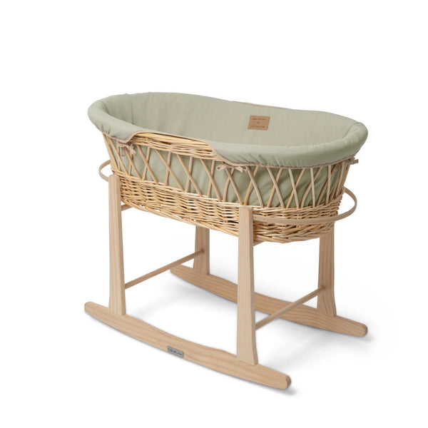 Clair de Lune Organic Natural Wicker Moses Basket – Sustainable & Breathable | Ages 0-9M clair de lune Sage With Rocking Stand