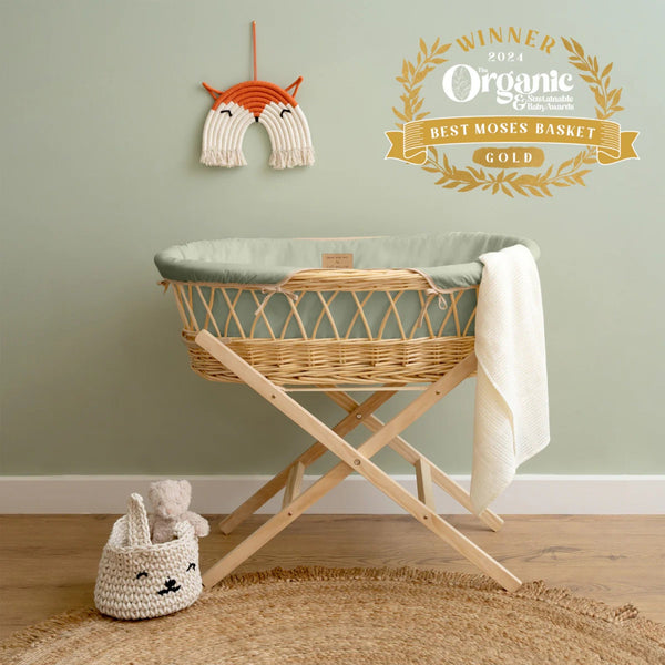 Clair de Lune Organic Natural Wicker Moses Basket – Sustainable & Breathable | Ages 0-9M clair de lune Sage With Folding Stand