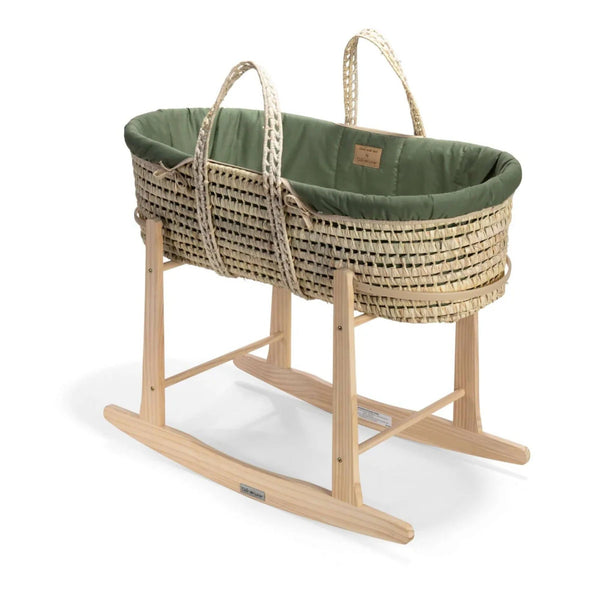 Clair de Lune Organic Palm Moses Basket | Sustainable & Breathable | Ages 0-9M clair de lune Forest Green With Rocking Stand