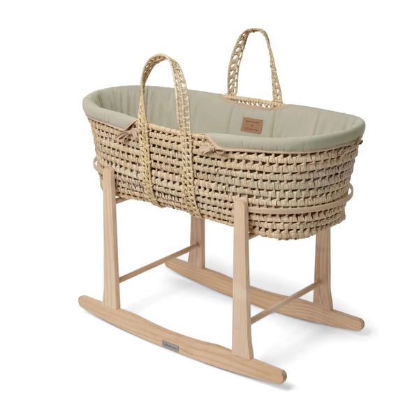 Clair de Lune Organic Palm Moses Basket | Sustainable & Breathable | Ages 0-9M clair de lune Sage With Rocking Stand