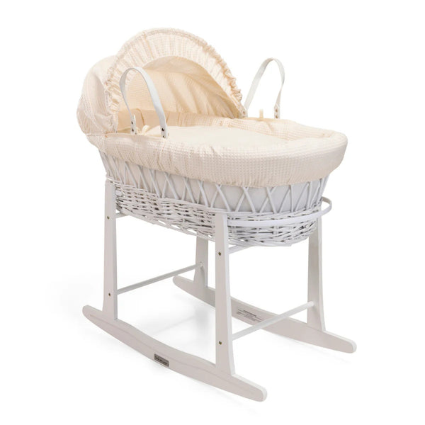 Clair de Lune Waffle White Wicker Moses Basket – Soft, Elegant & Breathable | Ages 0-9M clair de lune Cream With Deluxe Rocking Stand