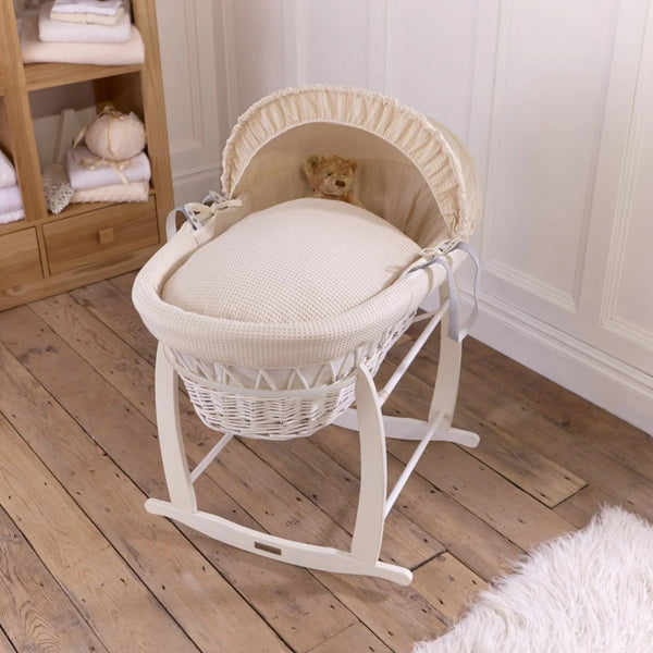 Clair de Lune Waffle White Wicker Moses Basket – Soft, Elegant & Breathable | Ages 0-9M clair de lune