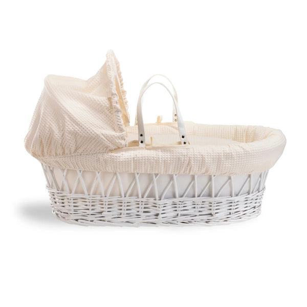 Clair de Lune Waffle White Wicker Moses Basket – Soft, Elegant & Breathable | Ages 0-9M clair de lune