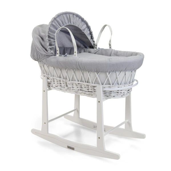 Clair de Lune Waffle White Wicker Moses Basket – Soft, Elegant & Breathable | Ages 0-9M clair de lune Grey With Deluxe Rocking Stand