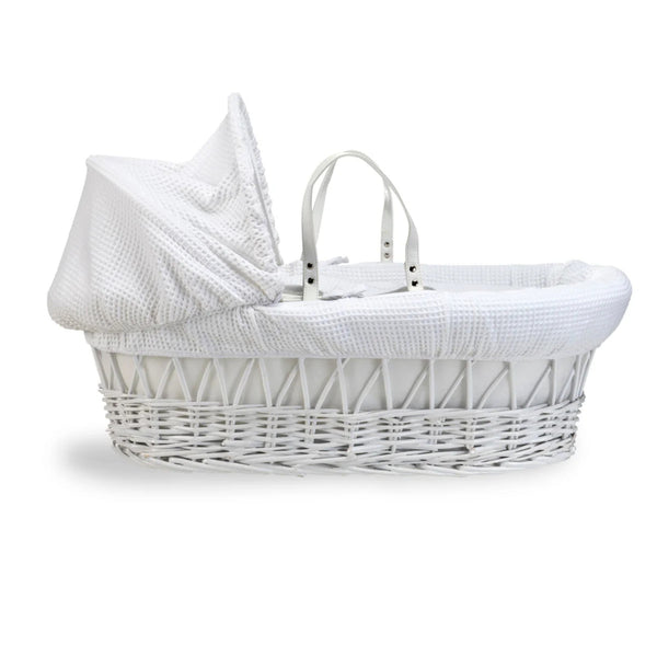 Clair de Lune Waffle White Wicker Moses Basket – Soft, Elegant & Breathable | Ages 0-9M clair de lune