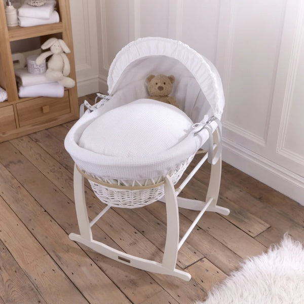 Clair de Lune Waffle White Wicker Moses Basket – Soft, Elegant & Breathable | Ages 0-9M clair de lune