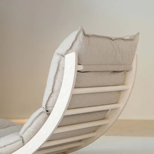 Close-up of a FitWood birch rocker chair featuring a comfortable cushion, showcasing the durable and easy-to-clean materials, perfect for maintaining longevity and comfort.