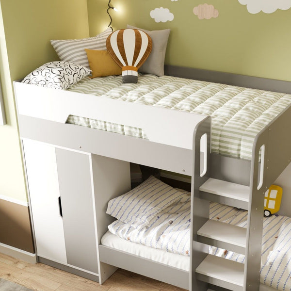Flair Benito Bunk Bed with Wardrobe | White & Grey Space-Saving Bed flair