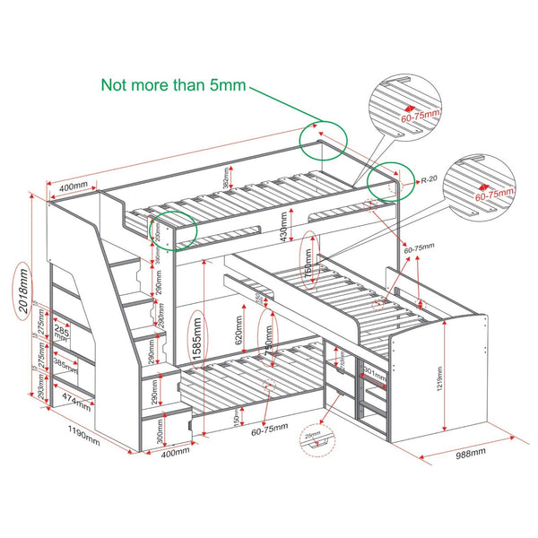 Flair Furnishings Oscar Staircase Triple Bunk Bed with Storage | Space-Saving Design flair