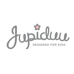 Jupiduu logo - designed for kids, featuring a soft grey script font with a pink star accent above the letter 'i'.