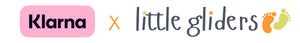 Klarna x Little Gliders logo collaboration, featuring Klarna’s pink branding alongside Little Gliders' playful logo with orange and green footprints.