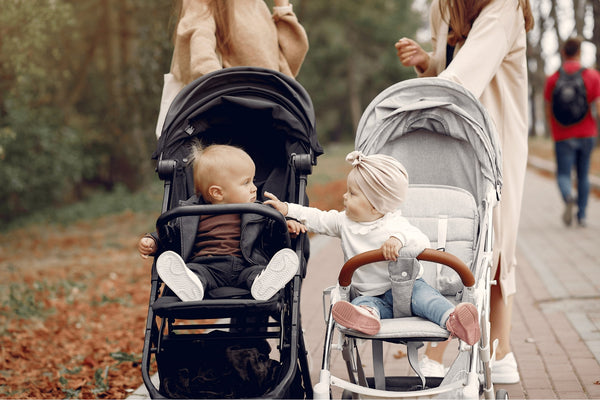 Two babies in stylish strollers interacting while on a walk with their parents – ideal for parents exploring high-quality baby strollers, travel systems, and outdoor accessories for babies.
