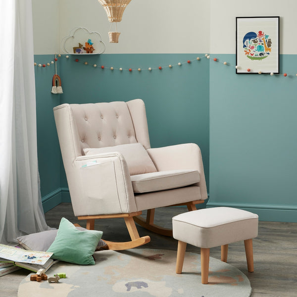 Lux Convertible Nursing Chair with Optional Footstool | Gentle Rocking, Stylish Tweed Upholstery babymore Cream Nursing Chair and Footstool