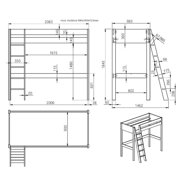 Noomi Tera High Sleeper with Single L-Shaped Bed | FSC-Certified Bunk Bed noomi