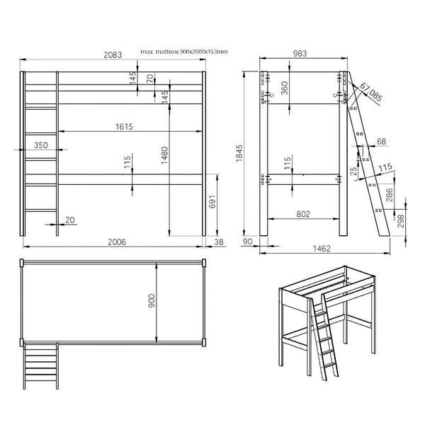 Noomi Tera High Sleeper with Small Double L-Shaped Bed | FSC-Certified Bunk Bed noomi