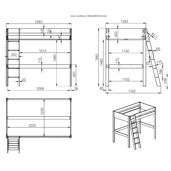 Noomi Tera Small Double High Sleeper with Single L-Shaped Bed | FSC-Certified Bunk Bed noomi