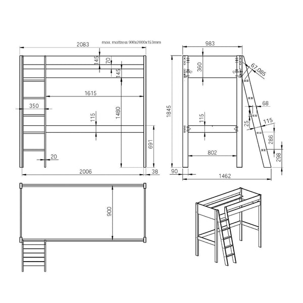 Noomi Tera Solid Wood High Sleeper Bed Frame | FSC-Certified Space-Saving Loft Bed noomi