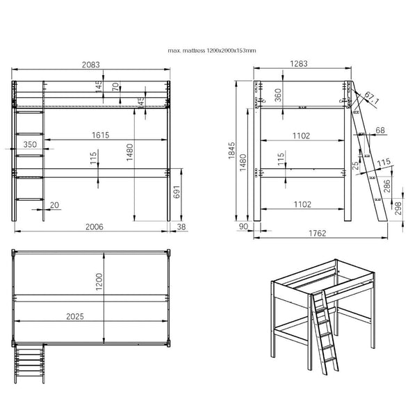 Noomi Tera Solid Wood Small Double High Sleeper Bed | FSC-Certified Loft Bed noomi