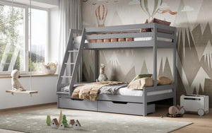 Modern grey Noomi bunk bed in a kids’ room, featuring a sturdy ladder, under-bed storage drawers, and cosy bedding, perfect for maximising space – available at Little Gliders.