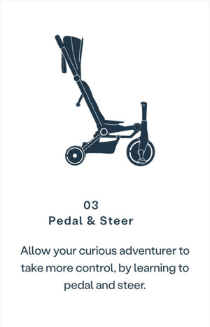 Illustration of smarTrike in pedal and steer mode - teaching toddlers to pedal and navigate with Little Gliders trike